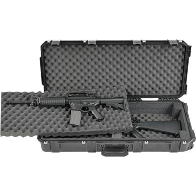 Open, black rifle case with foam