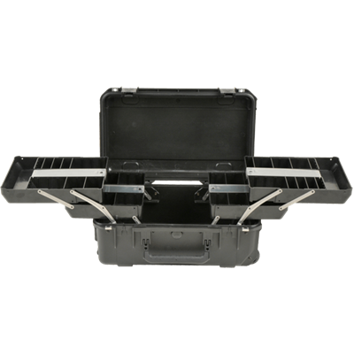 Open tool case with horizontal, extendable shelves